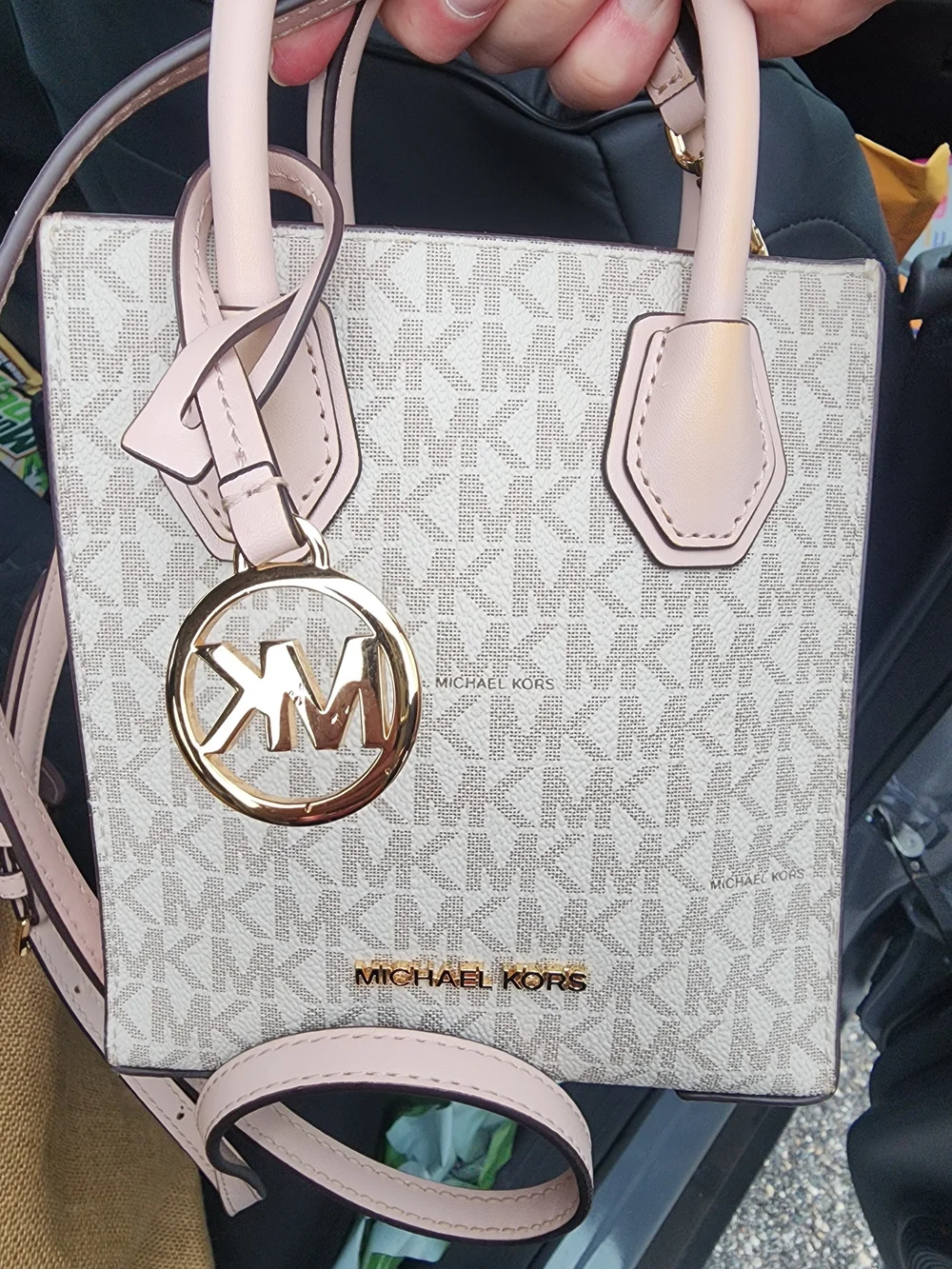 Michael Kors Cream Signature Mini Satchel with Pink Trim and Gold Hardware